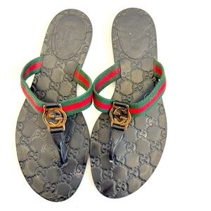 Gucci Black Red Green Leather Fabric GG web Thong flat sandals EU 39.5